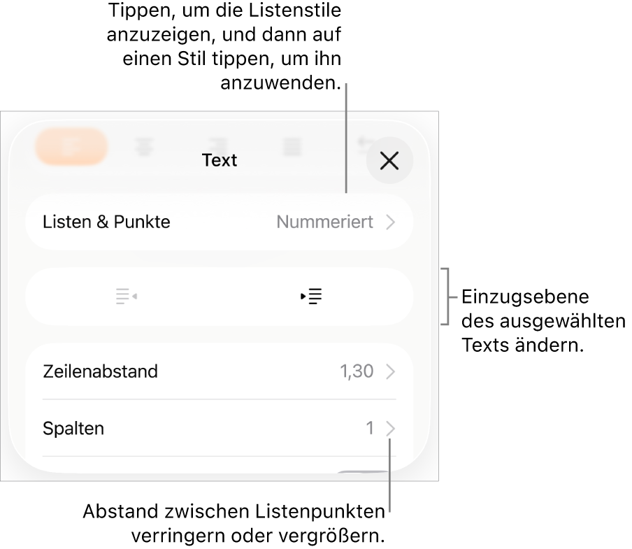 Der Abschnitt „Listen & Punkte“ der Formatsteuerungen mit Beschreibungen für „Listen & Punkte“, den Tasten „Einrücken“ und „Ausrücken“ und Steuerelemente für den Zeilenabstand.