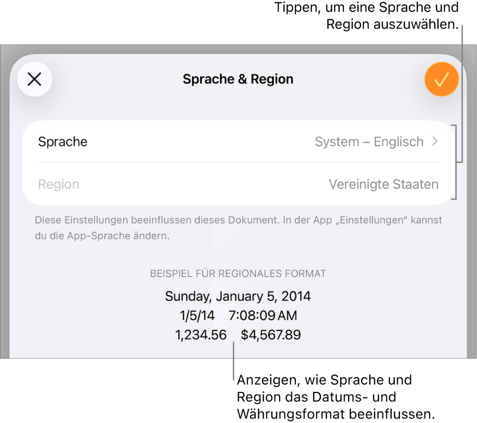 Das Fenster „Sprache & Region“ mit Einblendmenüs für Sprache und Region sowie einem Formatierungsbeispiel für Datum, Uhrzeit, Dezimalstellen und Währung.