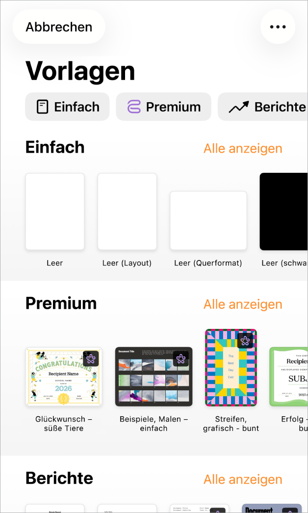Die Vorlagenauswahl zeigt oben eine Zeile mit Kategorien, auf die du tippen kannst, um die Optionen zu filtern. Darunter befinden sich die Miniaturen der vordefinierten Vorlagen in Zeilen nach Kategorie sortiert, angefangen bei „Neu“ oben und gefolgt von „Zuletzt benutzt“ und „Einfach“. Die Taste „Alle anzeigen“ befindet sich über und rechts von jeder Kategoriezeile. Die Taste für Sprache und Region befindet sich oben rechts.