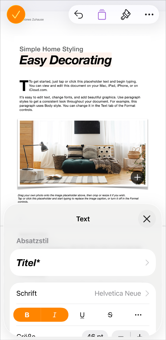In einem geöffneten Dokument ist Text ausgewählt und unten werden die Textoptionen angezeigt.