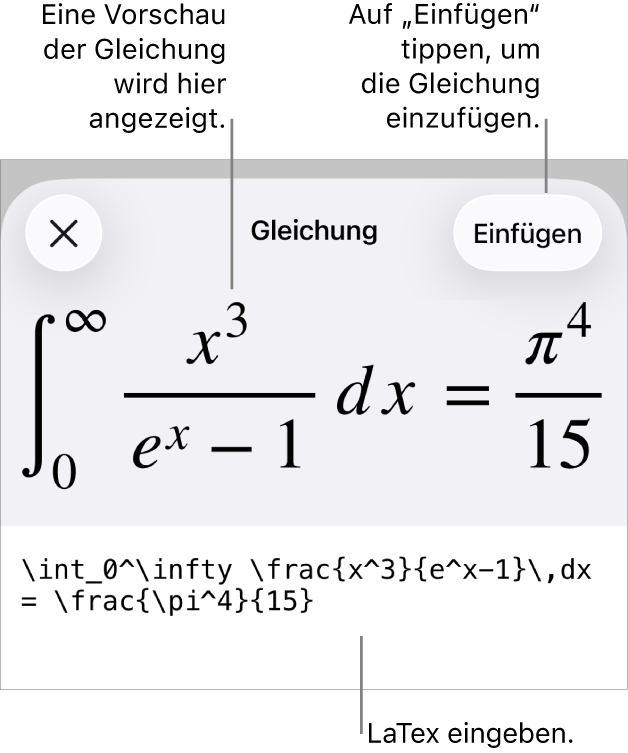 Im Dialogfenster „Gleichung“ wird eine Gleichung angezeigt, die mit LaTex-Befehlen geschrieben wurde, darüber wird eine Vorschau der Formel angezeigt.