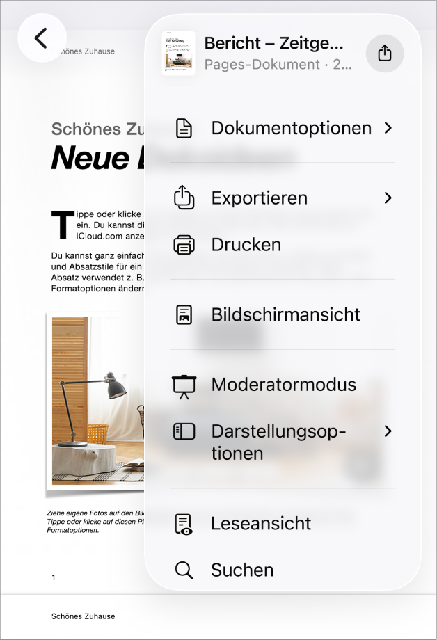 Das Menü „Teilen“ wird angezeigt mit den Optionen zum Teilen oben und den Optionen „Kopieren“, „Exportieren und senden“, „Drucken“, „Schnellnotiz hinzufügen“, „Tags hinzufügen“ und „In ‚Dateien‘ sichern“ darunter.