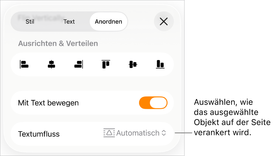 Die Steuerelemente zum Anordnen mit „Mit Text bewegen“ und „Textumbruch“