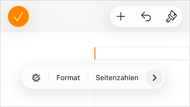 Das Fenster für die Dokumentkonfiguration mit der Einfügemarke in einem Kopfzeilenfeld und einem Einblendmenü mit zwei Menüoptionen: „Seitenzahlen“ und „Einfügen“.