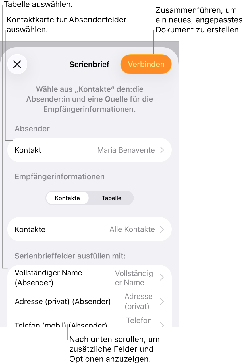 Der geöffnete Bereich „Serienbrief“ mit Optionen zum Auswählen von Absenderinformationen, Ändern der Quelldatei oder -tabelle, Anzeigen einer Vorschau der Serienbrieffeld-Namen bzw. einzelner Einträge oder Erstellen des Serienbrief-Dokuments.
