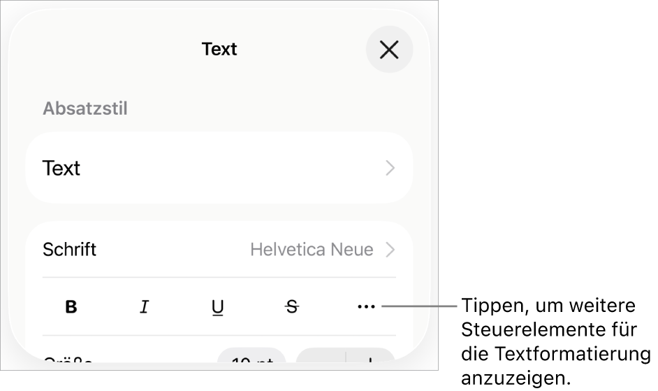 Der Tab „Text“ der Formatsteuerungen mit einer Beschreibung für die Taste „Weitere Textoptionen“.