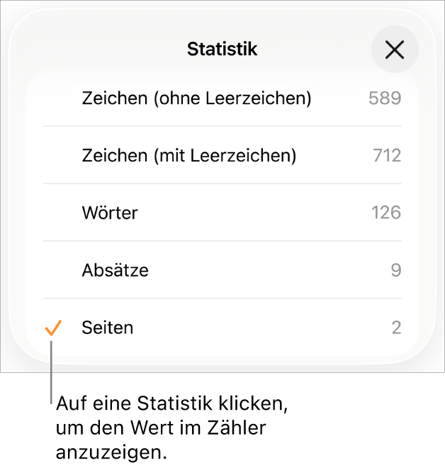 Das Menü „Statistik“ mit Optionen zum Anzeigen der Zahl der Zeichen ohne und mit Leerzeichen, der Wortanzahl, der Zahl der Absätze und der Zahl der Seiten.
