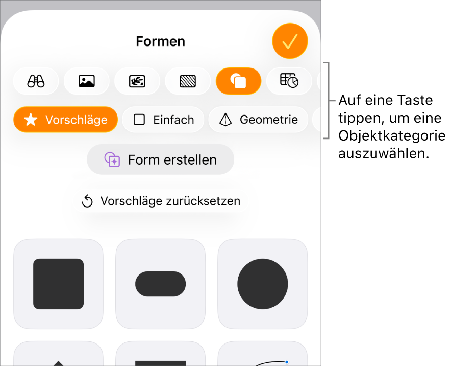 Die Steuerelemente „Einfügen“ mit Tasten zum Hinzufügen von Tabellen, Diagrammen, Text, Formen und Medien oben