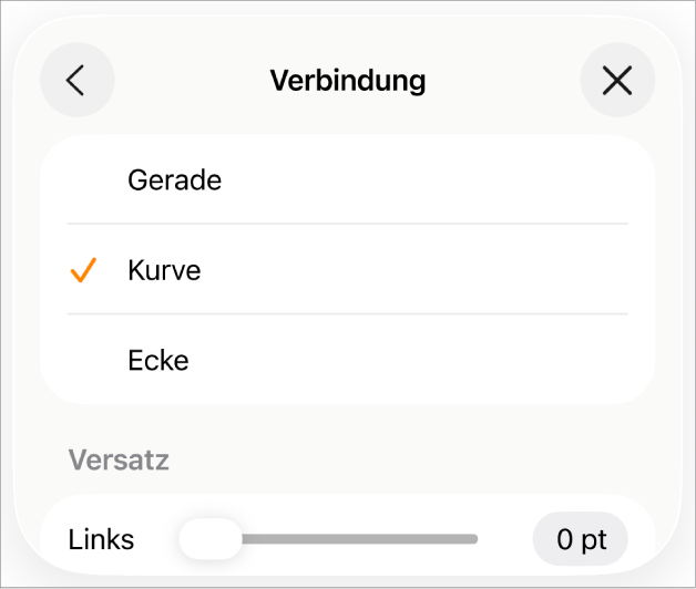 Die Steuerelemente im Abschnitt „Verbindung“ mit dem ausgewählten Element „Kurve“.