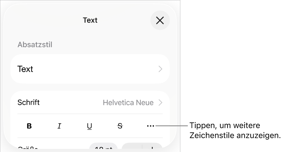Die Steuerelemente für die Formatierung umfassen die Tasten „Fett“, „Kursiv“, „Unterstrichen“, „Durchgestrichen“ und „Weitere Textoptionen“.