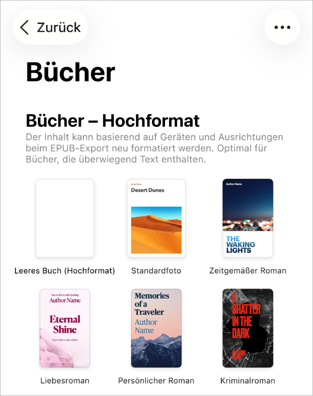 Die Vorlagenauswahl mit Buchvorlagen im Hochformat oben und im Querformat darunter