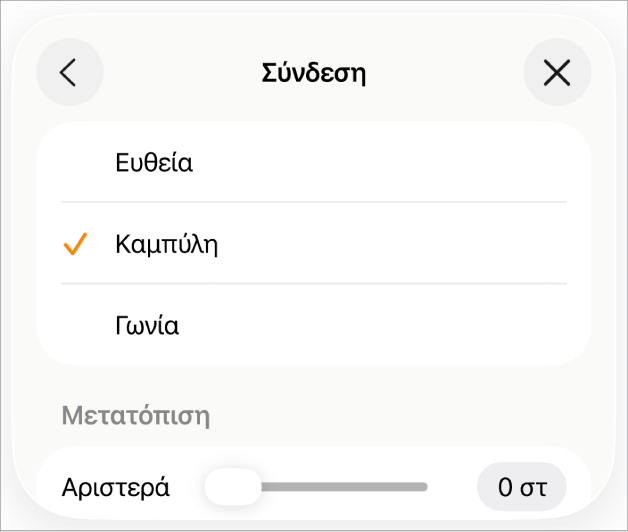 Τα στοιχεία ελέγχου Σύνδεσης με επιλεγμένη την «Καμπύλη».