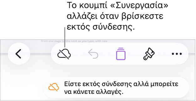 Τα κουμπιά στο πάνω μέρος της οθόνης, και το κουμπί «Συνεργασία» έχει αλλάξει σε σύννεφο με μια διαγώνια γραμμή που το διαπερνά. Μια ειδοποίηση στην οθόνη που λέει «Είστε εκτός σύνδεσης αλλά μπορείτε να κάνετε αλλαγές».