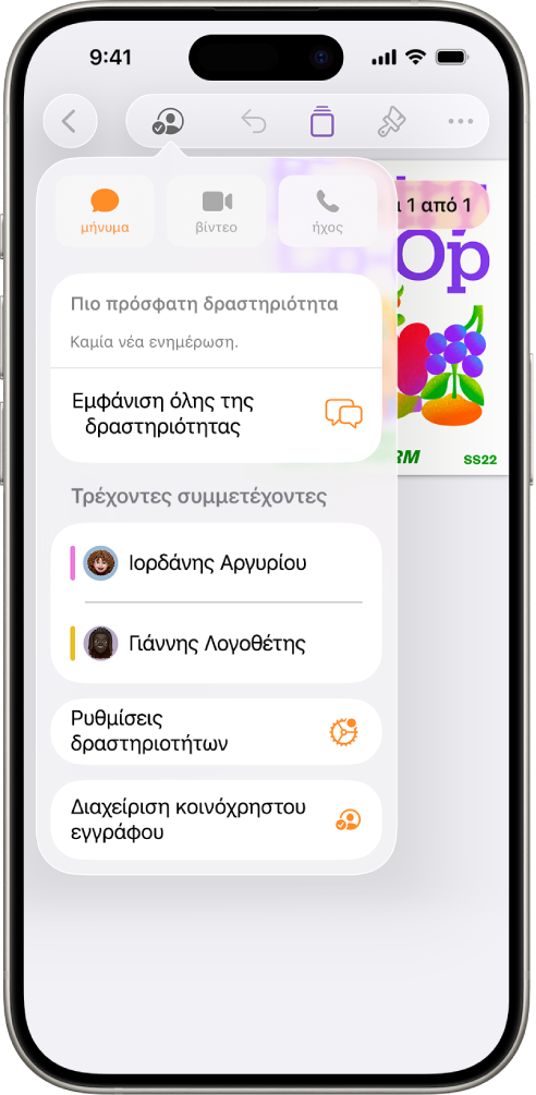 Το μενού συνεργασίας στο οποίο εμφανίζονται τα ονόματα των ατόμων που συνεργάζονται στο έγγραφο.