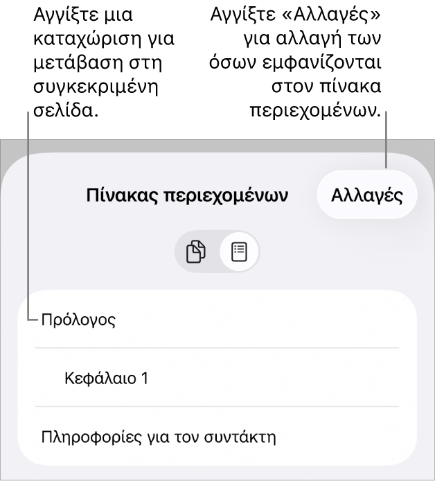 Η προβολή του πίνακα περιεχομένων με τις επικεφαλίδες σε μια λίστα. Ένα κουμπί «Επεξεργασία» στην πάνω δεξιά γωνία και τα κουμπιά «Μικρογραφία σελίδας» και «Πίνακας περιεχομένων» στο κάτω μέρος.