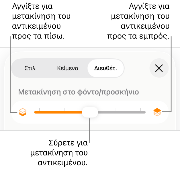 Το κουμπί Μετακίνησης προς τα πίσω, το κουμπί Μετακίνησης προς τα εμπρός, και το ρυθμιστικό διαστρωμάτωσης.