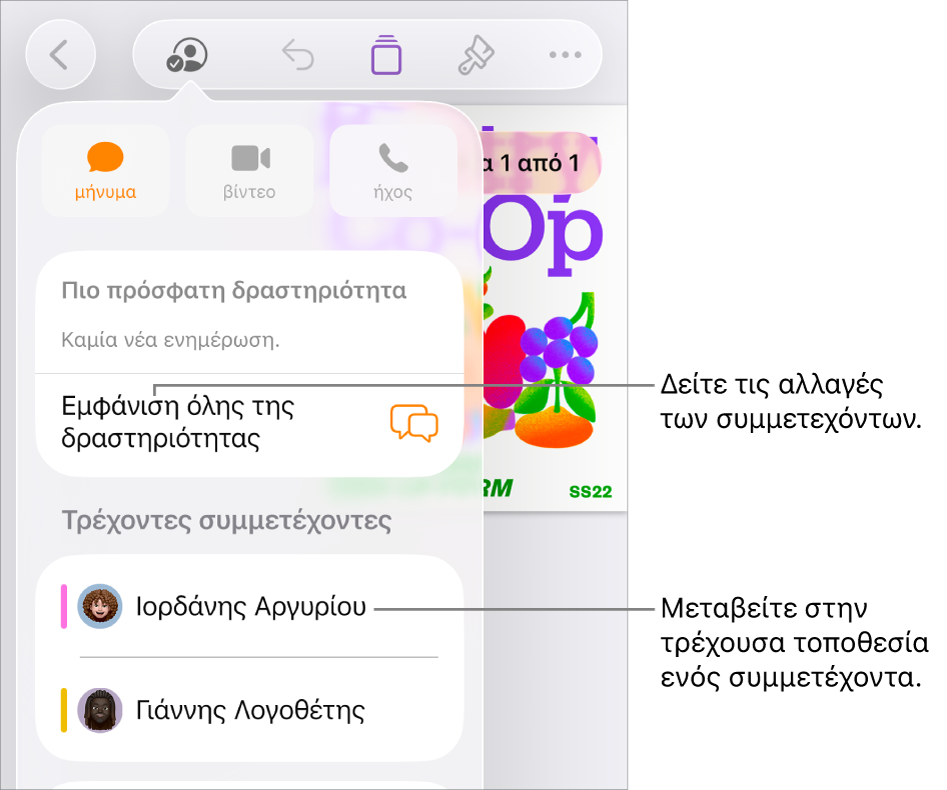 Το μενού συνεργασίας με τους τρέχοντες συμμετέχοντες.