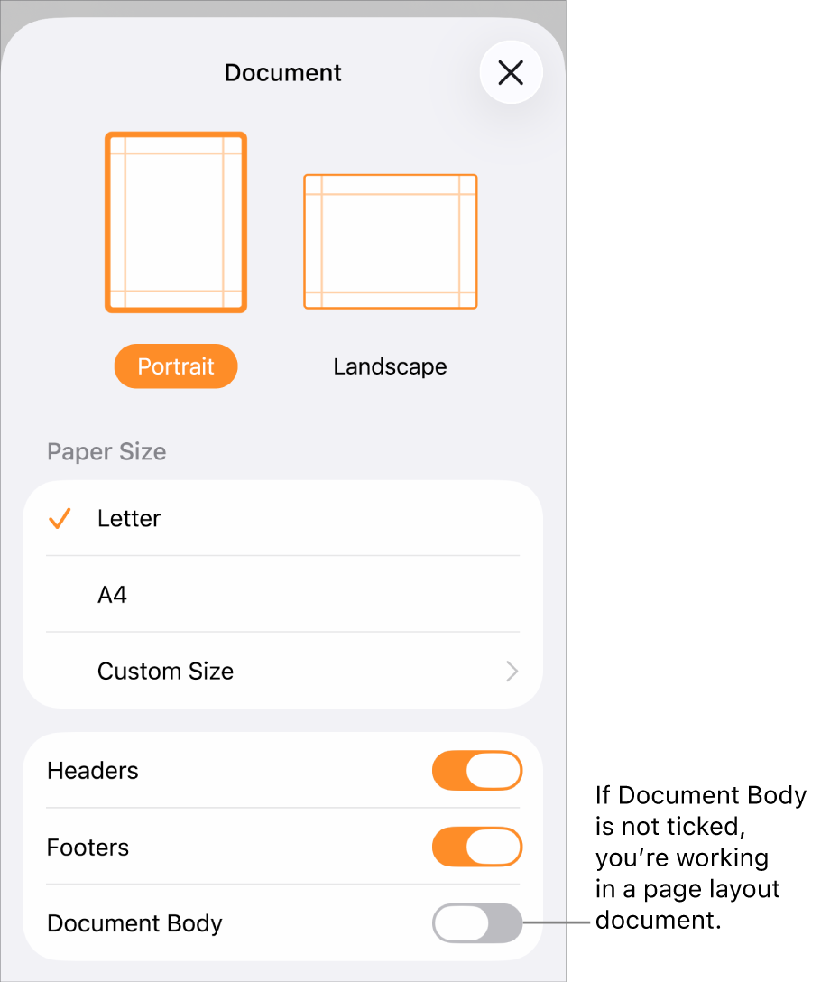 Document Set-Up open with Document Body unticked in a page layout document.