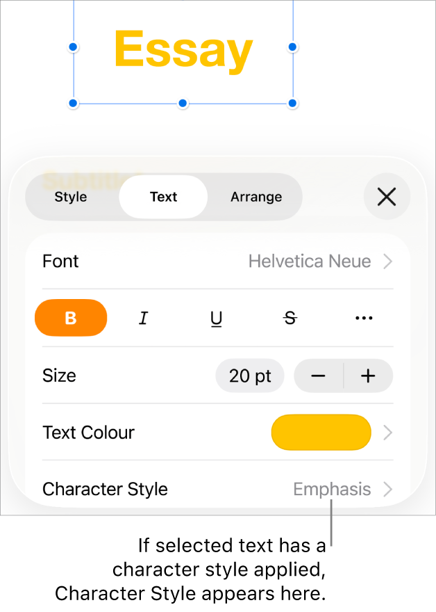 The Text formatting controls with Character Style below the Colour controls. The character style None appears with an asterisk.