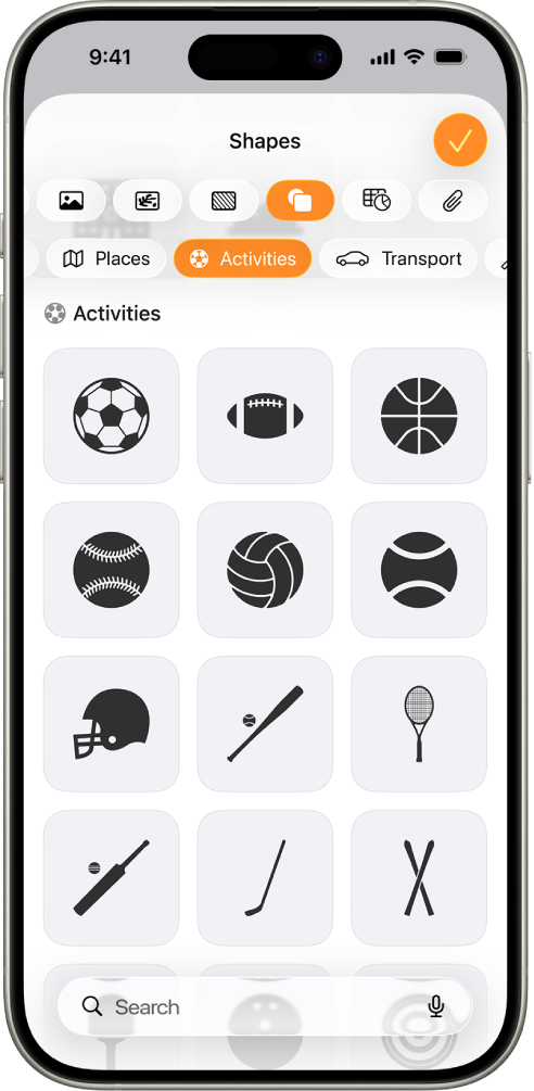 The Insert menu with buttons across the top to add tables, charts, shapes and media. Shapes is selected and its menu shows a row of categories with a Search button on the left. The category Activities is selected and shapes appear below.