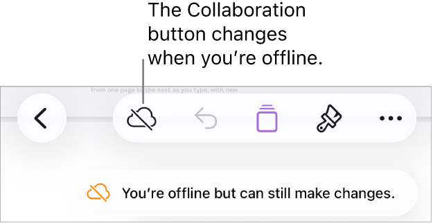 The buttons at the top of the screen, with the Collaboration button changed to a cloud with a diagonal line through it. An alert on the screen says “You’re offline but can still edit”.