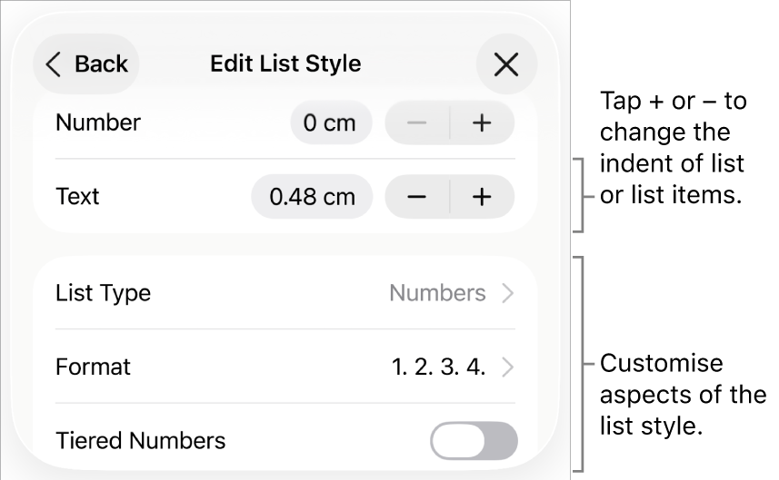 Edit List Style menu with controls for indent spacing, list type and format, tiered numbers and line spacing.