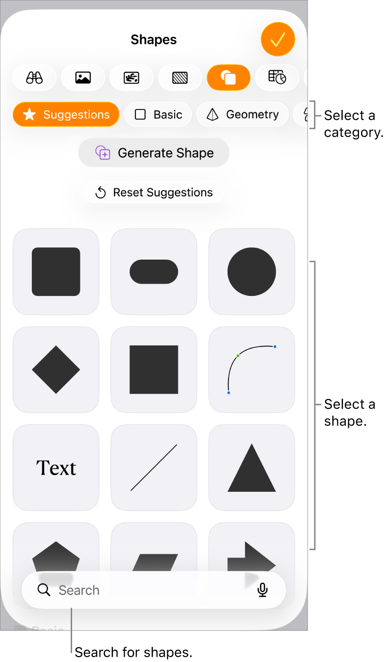 The shapes library, with categories at the top and shapes displayed below. You can use the search button at the top to find shapes and swipe to see more.