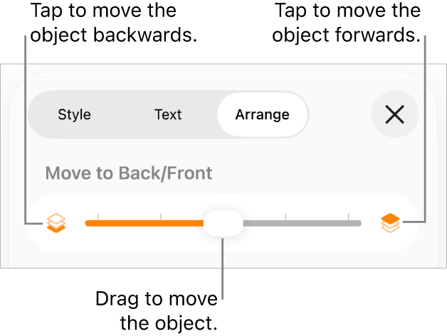 The Move Backward button, the Move Forward button and the layering slider.