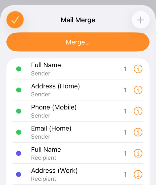 The merge field instances listed in the Mail Merge menu.