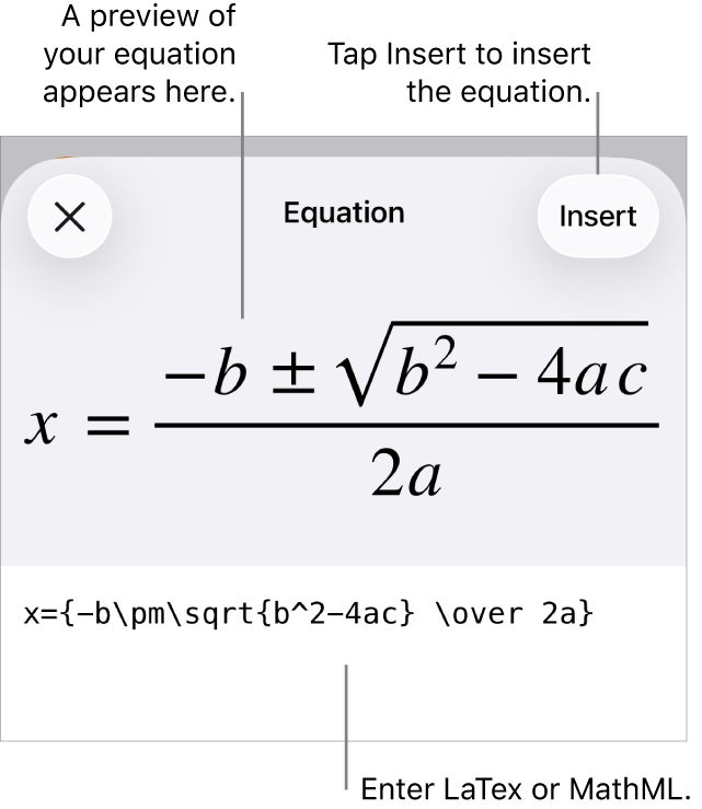 The Equation dialogue, showing an equation written using MathML commands, and a preview of the formula above.