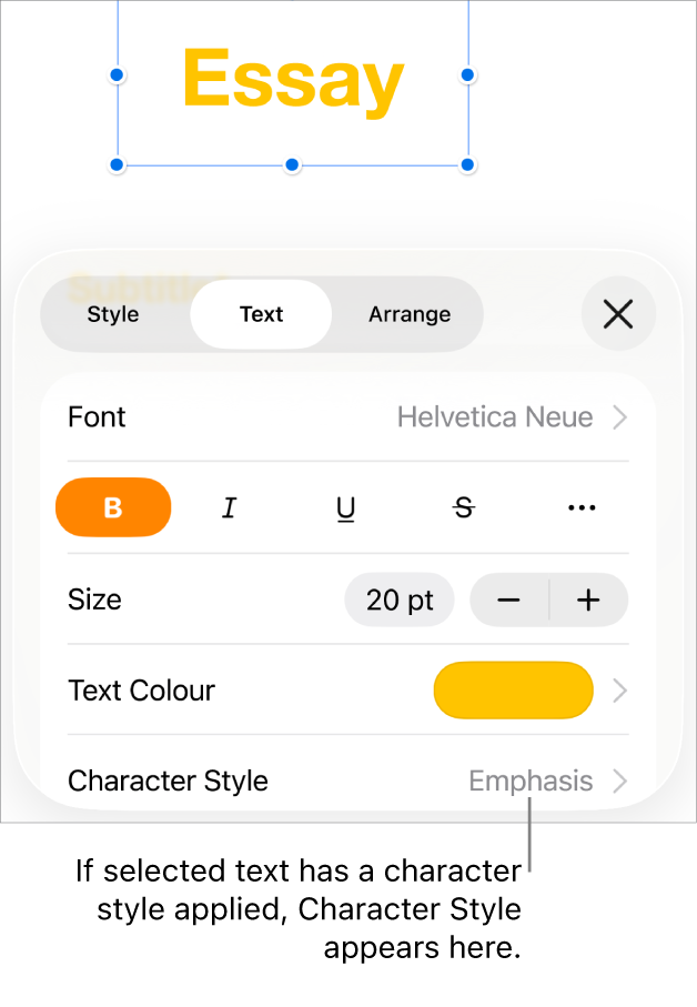 The Text formatting controls with Character Style below the Colour controls. The character style None appears with an asterisk.