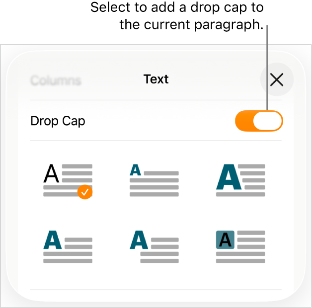The Drop Cap controls located in the Text menu.