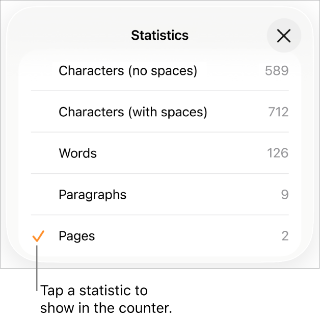 The Statistics menu showing options to show the number of characters without and with spaces, word count, paragraph count and page count.