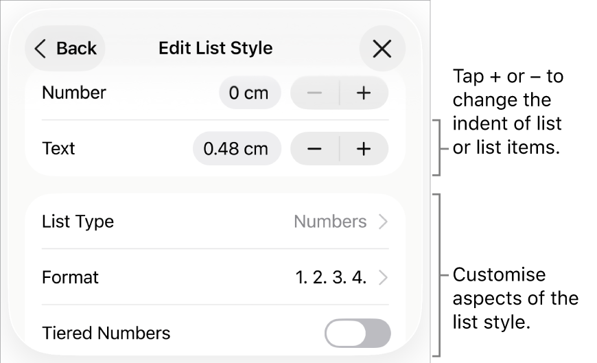 Edit List Style menu with controls for indent spacing, list type and format, tiered numbers and line spacing.