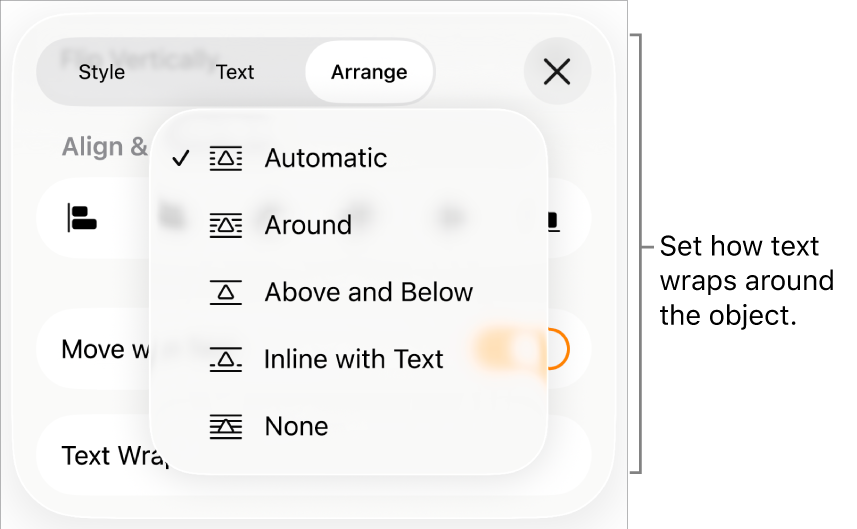 The Text Wrap controls with settings for Automatic, Around, Above and Below, Inline with Text and None.