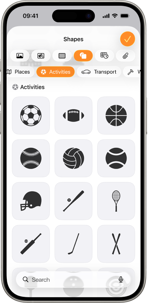 The Insert menu with buttons across the top to add tables, charts, shapes and media. Shapes is selected and its menu shows a row of categories with a Search button on the left. The category Activities is selected and shapes appear below.