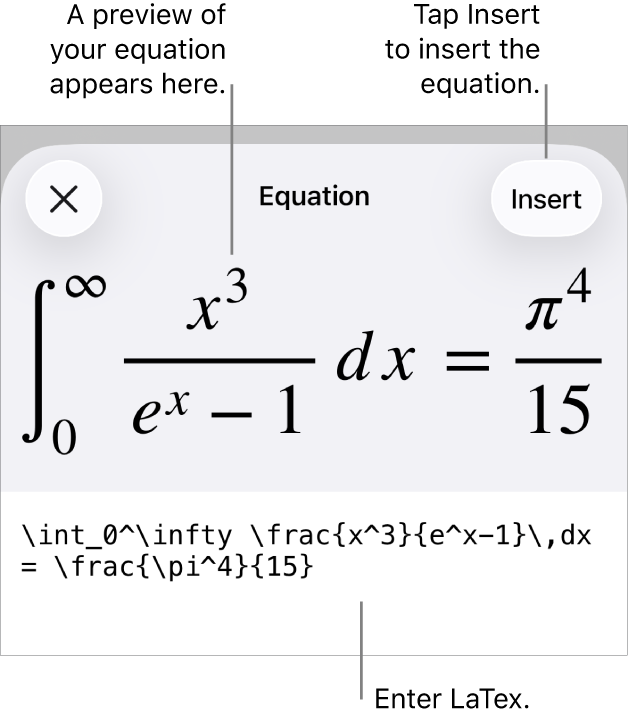 The Equation dialogue, showing an equation written using LaTex commands, and a preview of the formula above.