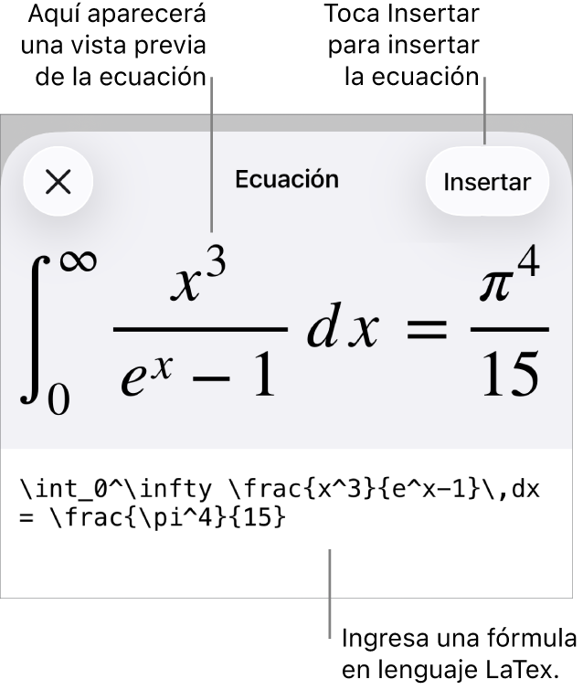 El cuadro de diálogo Ecuación con una ecuación escrita con comandos de LaTeX y una vista previa de la fórmula encima.