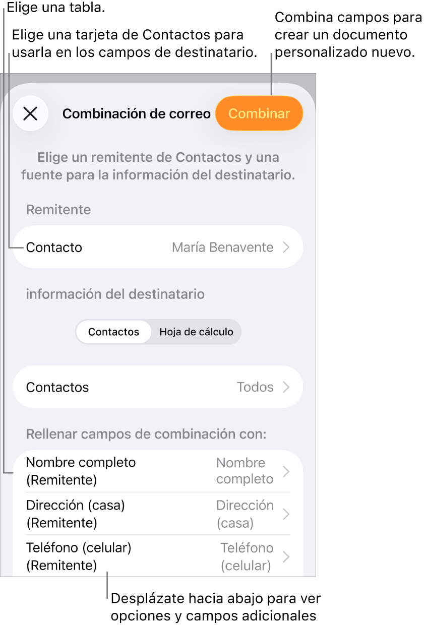 Panel Combinación de correo abierto, con opciones para elegir la información del remitente, cambiar el archivo o la tabla de origen, previsualizar los nombres de los campos de combinación o los registros individuales, o combinar el documento.