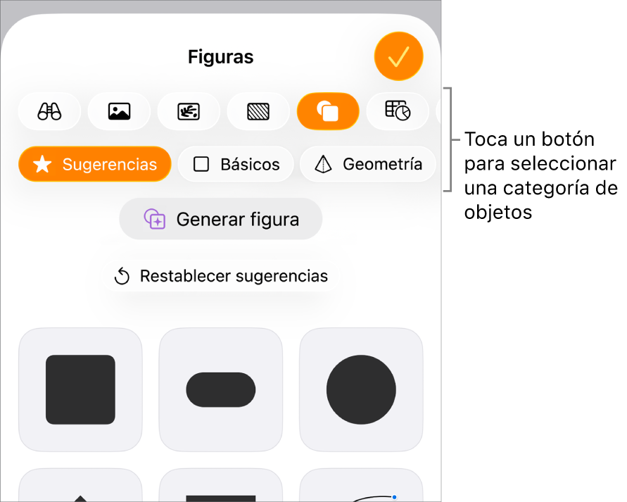 Los controles para agregar un objeto, con botones en la parte superior para seleccionar tablas, gráficas, figuras (líneas y cuadros de texto incluidos) y contenidos.
