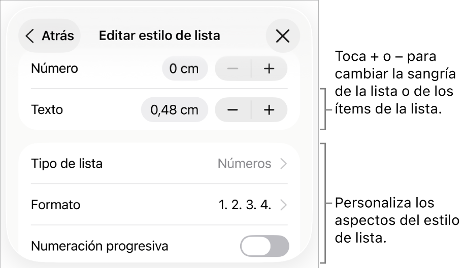 Menú “Estilo de lista” con controles para el interlineado de la sangría, el tipo de lista y el formato, la numeración progresiva y el interlineado.
