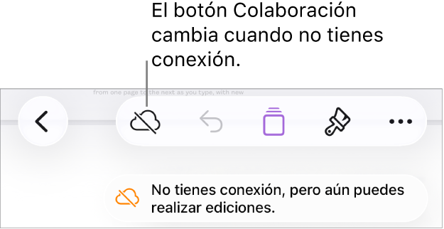 Los botones de la parte superior de la pantalla, con el botón Colaboración cambiado a una nube con una línea diagonal que la atraviesa. Un aviso en la pantalla dice “No tienes conexión, pero aún puedes realizar ediciones”.