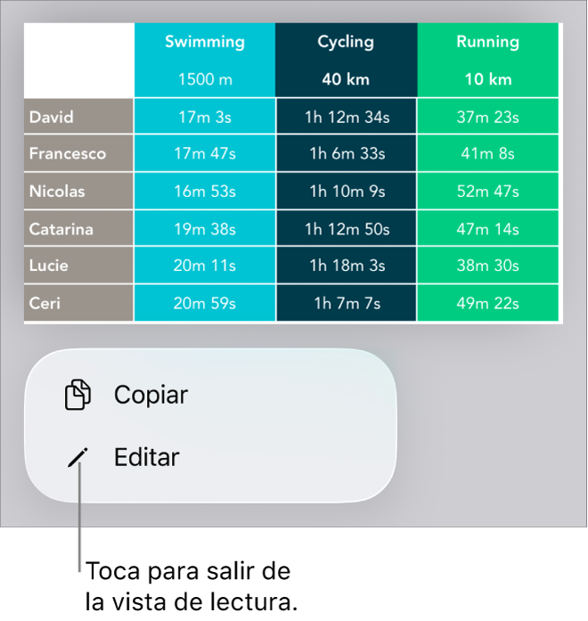 Hay seleccionada una tabla y debajo de ella aparece un menú contextual con botones Copiar y Editar.