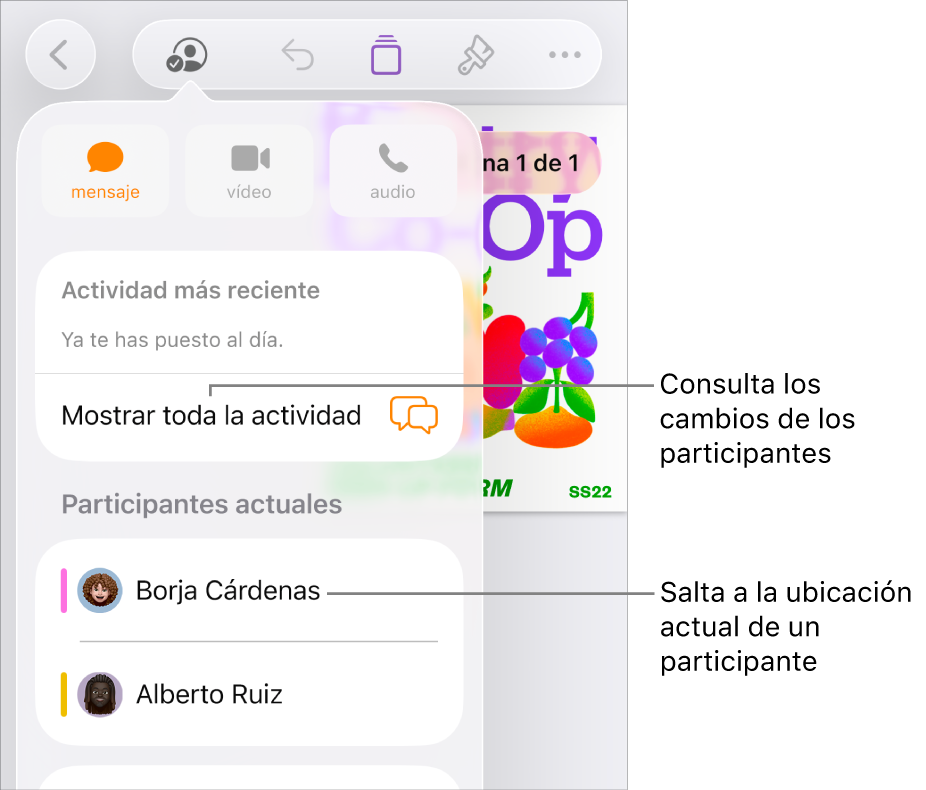 El menú de colaboración con los participantes actuales.