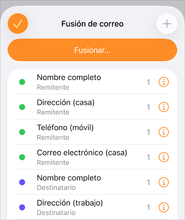 Las instancias del campo de fusión que aparecen en la lista del menú de fusión de correo.