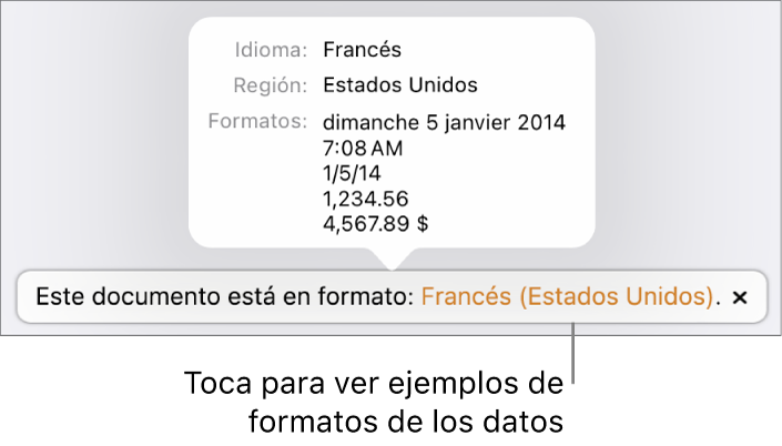 La notificación del ajuste de idioma y formato distinto, con ejemplos del formato en ese idioma y región.