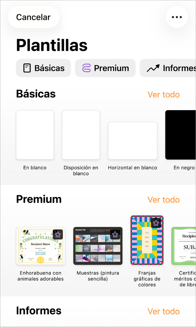 El selector de plantilla, mostrando una fila de categorías a lo largo de la parte superior en la que puedes tocar para filtrar las opciones. Debajo aparecen miniaturas de plantillas prediseñadas organizadas en filas por categorías, empezando por Nueva en la parte superior y seguida por Recientes y Básicas. Por encima y a la derecha de cada fila de categoría aparece un botón “Ver todo”. El botón “Idioma y región” se encuentra en la esquina superior derecha.