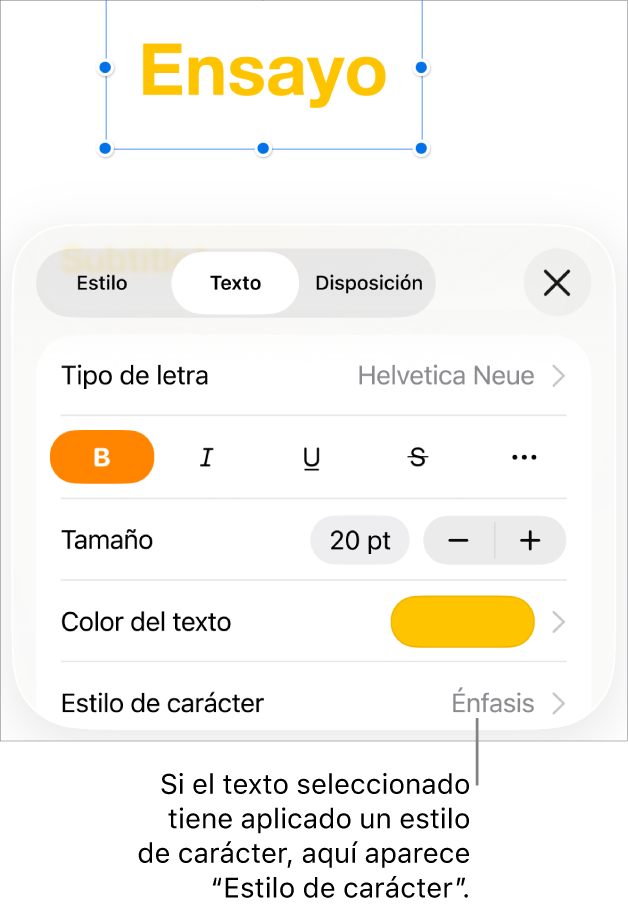 Los controles de formato de texto con “Estilos de carácter” debajo de los controles de color. El estilo de carácter Ninguno aparece con un asterisco.