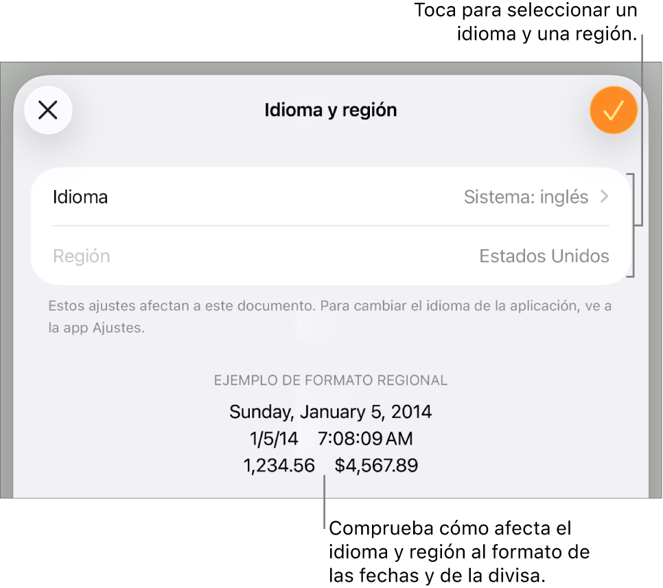 Panel “Idioma y región” con controles para el idioma y la región, y un ejemplo de formato que incluye la fecha, la hora, los decimales y la divisa.