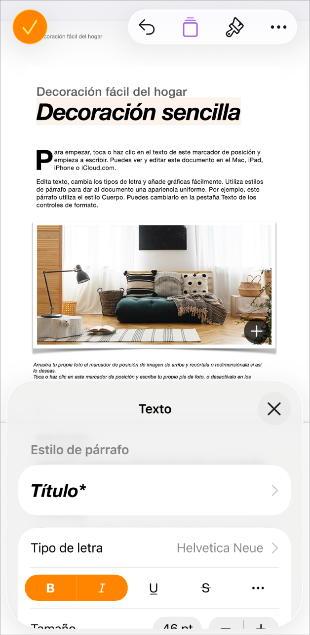 En un documento abierto, hay texto seleccionado y se muestran opciones de texto en la parte inferior.